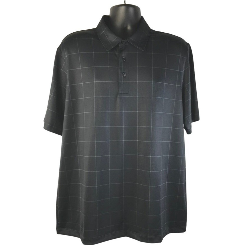 Lands End Mens Performance Polo Shirt L 42-44 Black Windowpane Grid Golf Stretch
